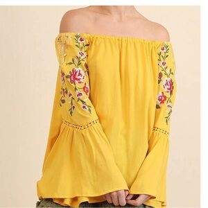 Umgee Yellow Off-Shoulder Floral Embroidered Bell Sleeve Top Sz M